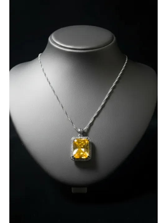 Kadın Gümüş Kolye - Kare Model Sarı Şampanya Zirkon Taşlı Kadın Gümüş Kolye