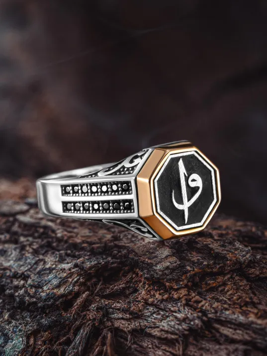 Erkek Gümüş Yüzük - Zirkon Taşlı Vav Elif İşlemeli Erkek Yüzük