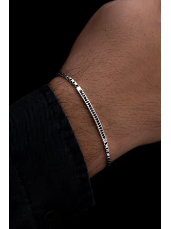 Erkek Gümüş Bileklik - Küp Model Siyah Zirkon Taşlı Gümüş Bileklik