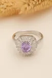 Kadın Gümüş Yüzük - Kalp Model Ametist Taşlı Baget Süslemeli Rodyumlu Kadın Yüzük