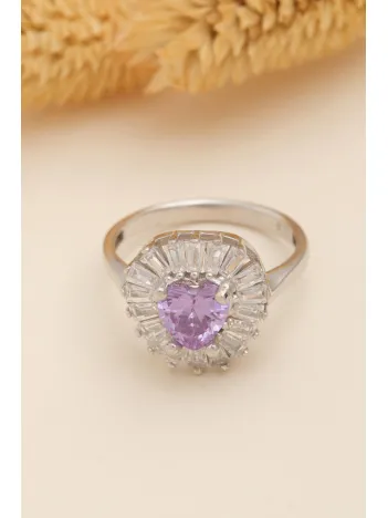 Kadın Gümüş Yüzük - Kalp Model Ametist Taşlı Baget Süslemeli Rodyumlu Kadın Yüzük