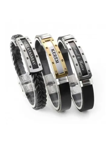 Kişiye Özel İsim Yazılan Çelik Deri Erkek Bileklik Künye