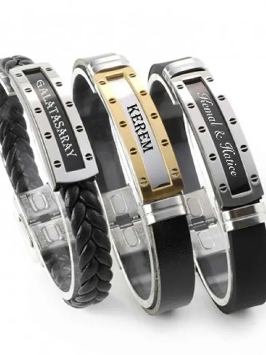 Kişiye Özel İsim Yazılan Çelik Deri Erkek Bileklik Künye