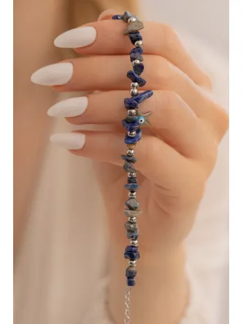 Doğal Taşlı Kadın Bileklik - Doğal Lapis Taşlı Kadın Çelik Kadın Bileklik Siyah Yıldız Ve Nazarlık