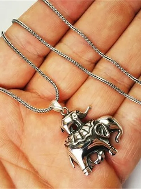 Fil Figürlü Hindu Tarzı Gümüş Kolye Zincir