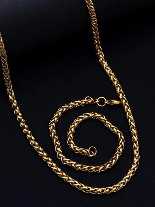 Erkek Çelik Bileklik Kolye Set - 18 Ayar Gerçek Altın Kaplama Spiga Model Çelik Set