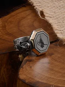 Osmanlı Tuğra Model Yanı Kalkan Desenli Erkek Gümüş Yüzük