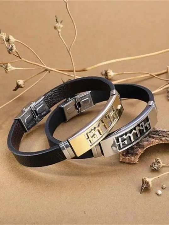 Türk Yazılı Deri Kauçuk Çelik Erkek Bileklik
