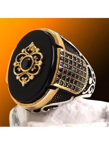 Nano Taş Detaylı Oniks Taşlı Otantik Gümüş Erkek Yüzük