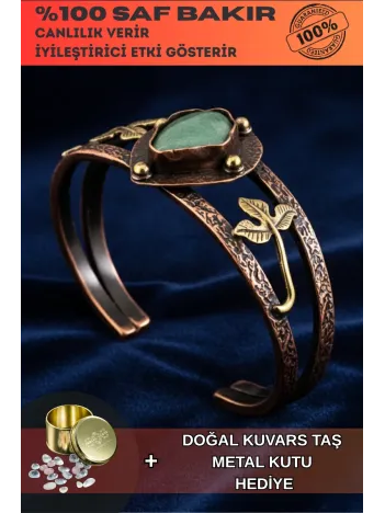 Kadın Bakır Bileklik - Yeşil Aventurin Taşlı Damla Model Kadın Bilezik Metal Kutu ve Doğal Taşlar