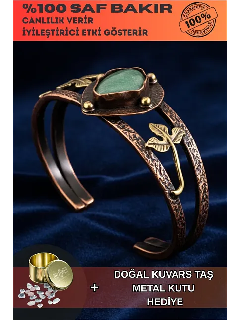 Kadın Bakır Bileklik - Yeşil Aventurin Taşlı Damla Model Kadın Bilezik Metal Kutu ve Doğal Taşlar