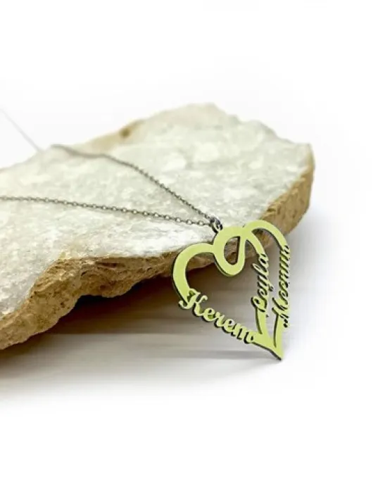 Çift Kalp Kişiye Özel İsimli Bayan Altın Renk Kolye GKLALT3ISMK