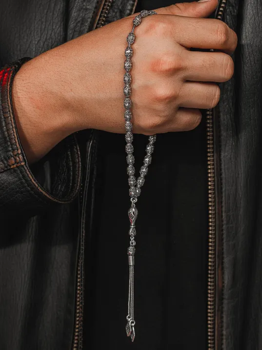 Erkek Tesbih - Nazende Oksitli 925 Ayar Gümüş Erkek Tespih Orta Boy 25gr