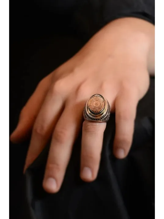 Kehribar Taşlı Inşirah Suresi Yazılı Erkek Gümüş Yüzük