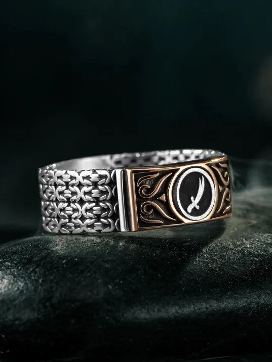 Erkek Gümüş Yüzük - Kral Zincirli Zülfikar Kılıcı İşlemeli Erkek Yüzük