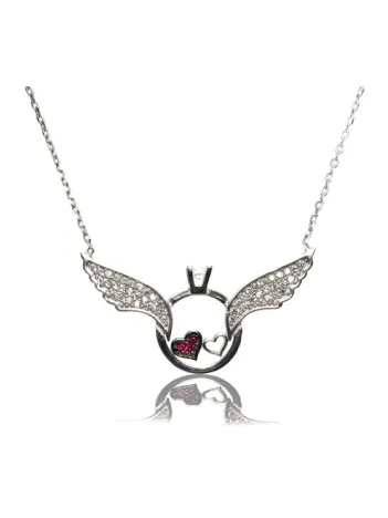 Gümüş Kanatlı Tektaşlı Kalpli Bayan Kolye