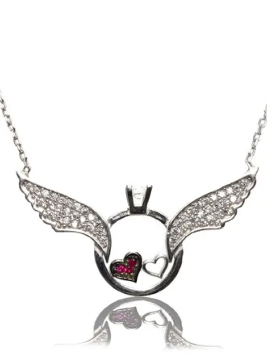 Gümüş Kanatlı Tektaşlı Kalpli Bayan Kolye