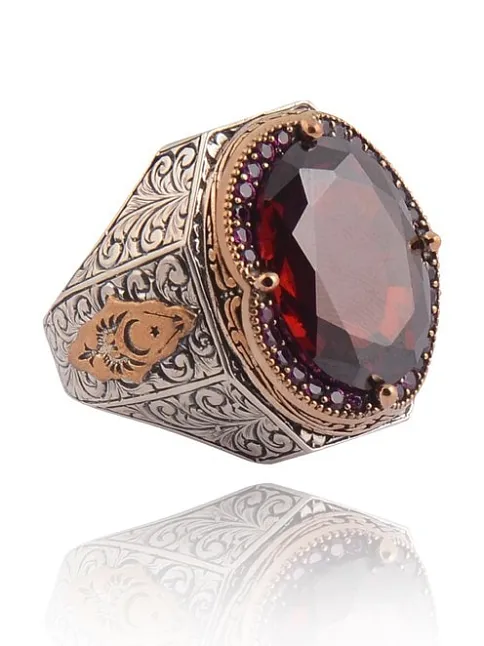 Garnet (Kırmızı) Taşlı Yanı Selçuklu Arma ve Hilal Yıldız İşlemeli Erkek Gümüş Yüzük
