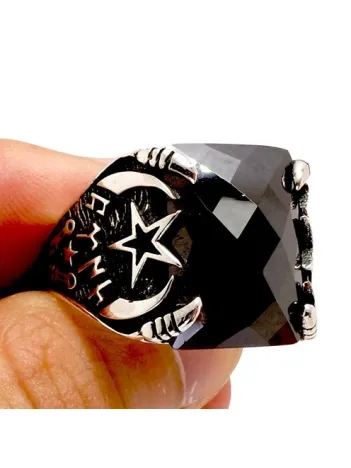 Ay Yıldızlı Ve Türk Yazılı Zirkon Taşlı Erkek Gümüş Yüzük