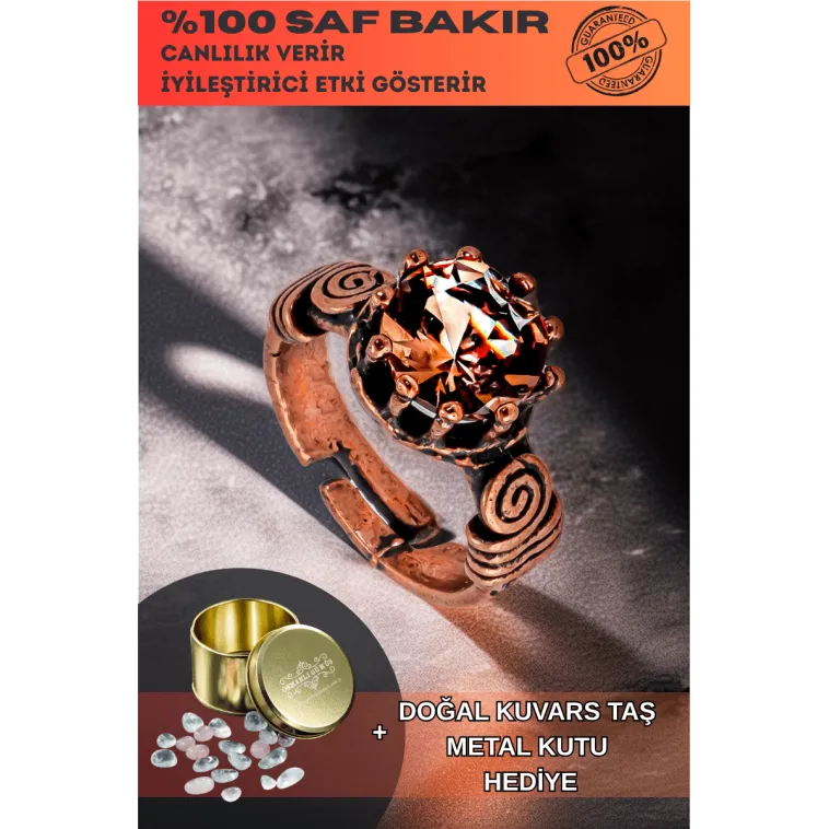 Kadın Bakır Yüzük - Zultanit Taşı Model 2 Ağaç Kabuğu Model İnce Metal Kutu Kuvars Taşlı Yüzük