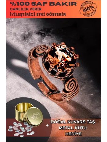 Kadın Bakır Yüzük - Zultanit Taşı Model 2 Ağaç Kabuğu Model İnce Metal Kutu Kuvars Taşlı Yüzük