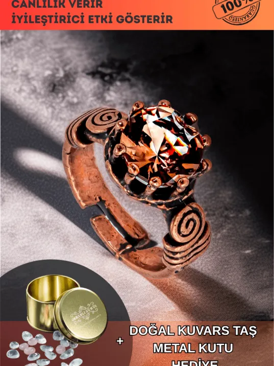 Kadın Bakır Yüzük - Zultanit Taşı Model 2 Ağaç Kabuğu Model İnce Metal Kutu Kuvars Taşlı Yüzük