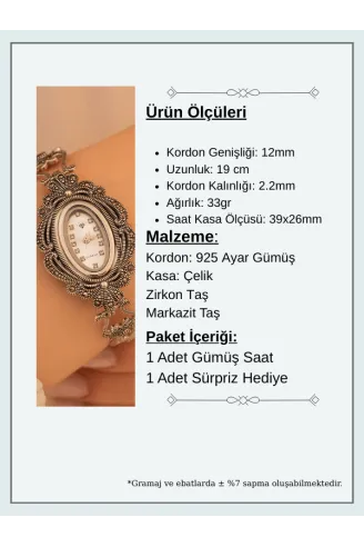 Oval Gümüş Bayan Saati Gelin Saati Markazit Taşlı