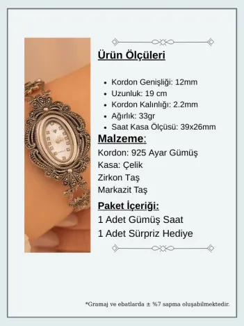 Oval Gümüş Bayan Saati Gelin Saati Markazit Taşlı