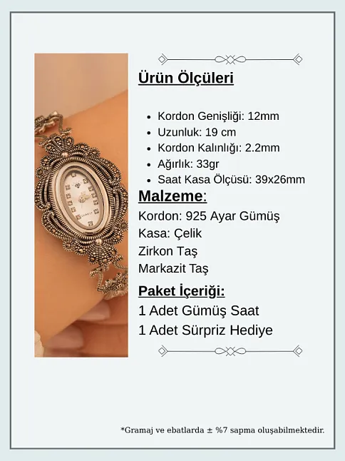 Oval Gümüş Bayan Saati Gelin Saati Markazit Taşlı