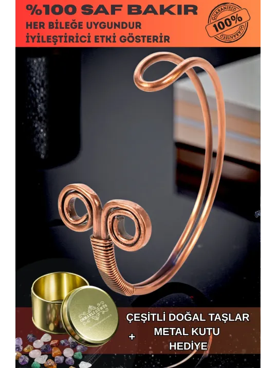 Kadın Bakır Bileklik - Koç Burcu Model Kelepçe Bileklik Bilezik Metal Kutu Ve Doğal Taşlar