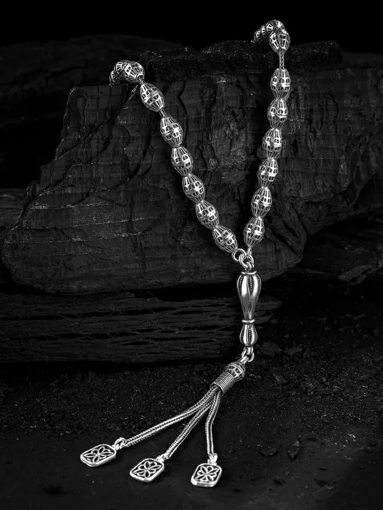 Erkek Tesbih - Efkar Oksitli 925 Ayar Gümüş Erkek Tespih Orta Boy 27gr