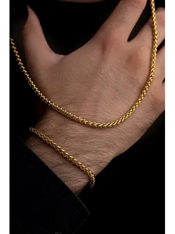 Erkek Çelik Bileklik Kolye Set - 18 Ayar Gerçek Altın Kaplama Spiga Model Çelik Set