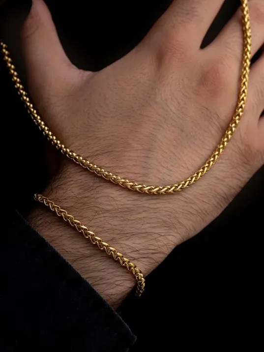 Erkek Çelik Bileklik Kolye Set - 18 Ayar Gerçek Altın Kaplama Spiga Model Çelik Set