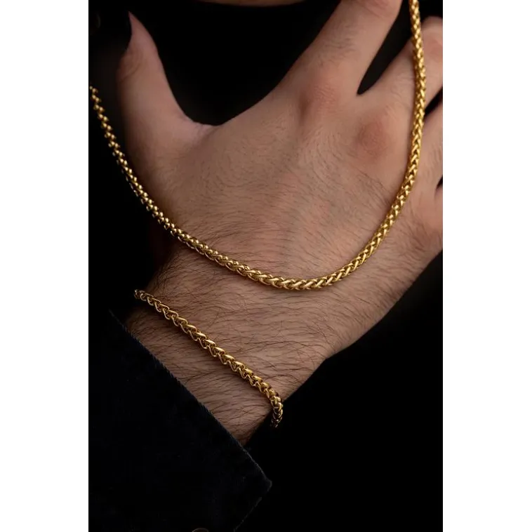 Erkek Çelik Bileklik Kolye Set - 18 Ayar Gerçek Altın Kaplama Spiga Model Çelik Set Erkek Çelik Bileklik Kolye Set - 18 Ayar Gerçek Altın Kaplama Spiga Model Çelik Set