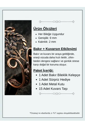 Nergiz Çiçeği Bakır Bileklik Pirinç Detaylı Erkek Kadın Kuvars Taşlı Metal Kutu
