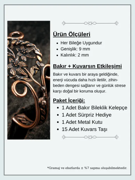 Nergiz Çiçeği Bakır Bileklik Pirinç Detaylı Erkek Kadın Kuvars Taşlı Metal Kutu