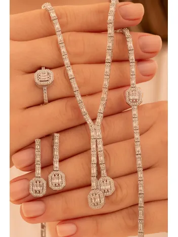Kadın Gümüş Takı Seti - Merlin Baget Taşlı Model Kolye, Bileklik, Yüzük, Küpe Tam Set Kadın Gümüş Takı Seti - Merlin Baget Taşlı Model Kolye, Bileklik, Yüzük, Küpe Tam Set