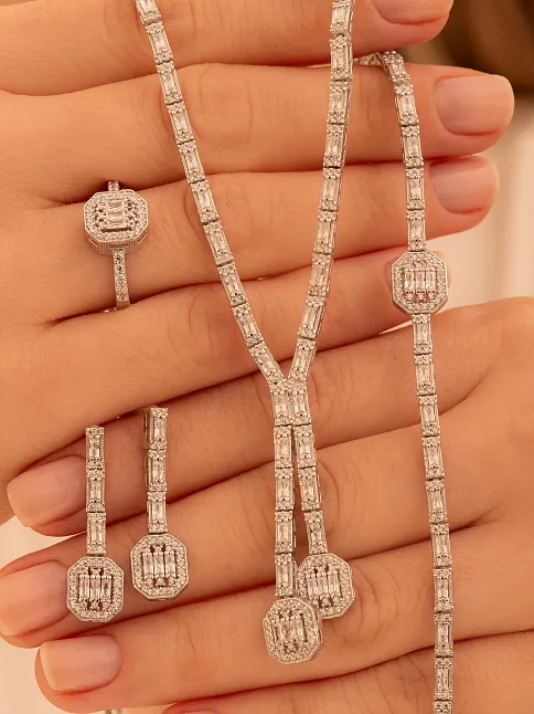 Kadın Gümüş Takı Seti - Merlin Baget Taşlı Model Kolye, Bileklik, Yüzük, Küpe Tam Set