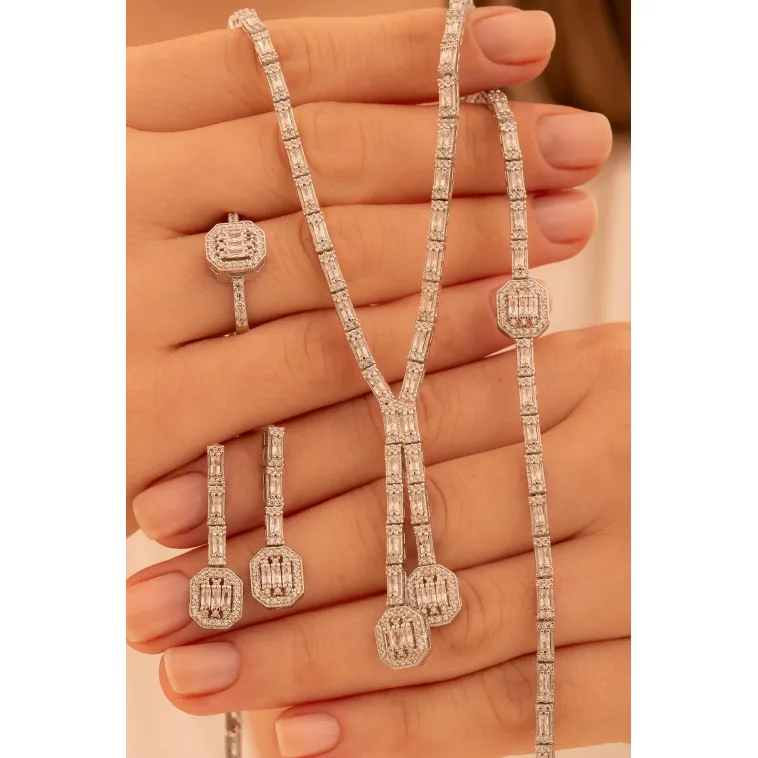 Kadın Gümüş Takı Seti - Merlin Baget Taşlı Model Kolye, Bileklik, Yüzük, Küpe Tam Set