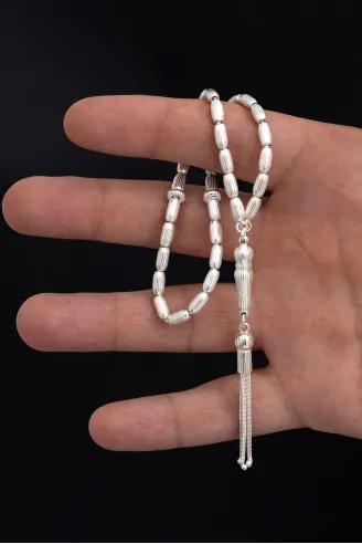 Gümüş Tespih Arpa Kesim Çizgili Büyük Boy 22 Gram