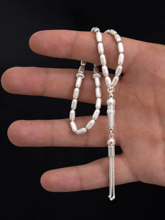 Gümüş Tespih Arpa Kesim Çizgili Büyük Boy 22 Gram