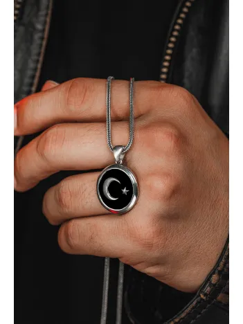 Erkek Gümüş Kolye - Türk Bayrağı Ay Yıldız Erkek Gümüş Kolye Zincir