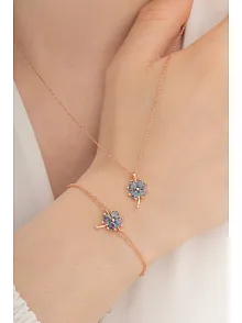Kadın Gümüş Set - Rose Mistik Topaz Yonca Model Kolye Bileklik Gümüş Set