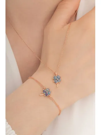 Kadın Gümüş Set - Rose Mistik Topaz Yonca Model Kolye Bileklik Gümüş Set