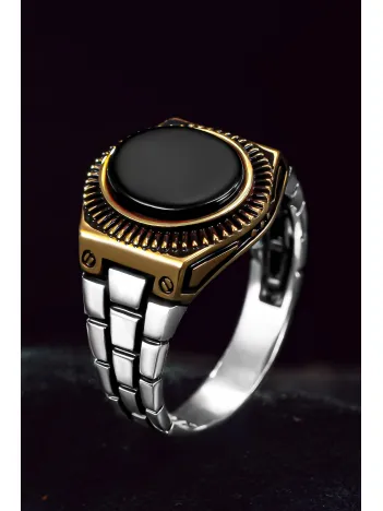 Erkek Gümüş Yüzük - Saat Kordonu Tasarımı Siyah Oniks Taş Erkek Yüzük Erkek Gümüş Yüzük - Saat Kordonu Tasarımı Siyah Oniks Taş Erkek Yüzük
