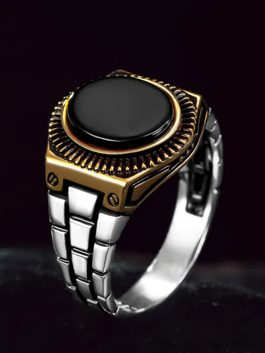 Erkek Gümüş Yüzük - Saat Kordonu Tasarımı Siyah Oniks Taş Erkek Yüzük