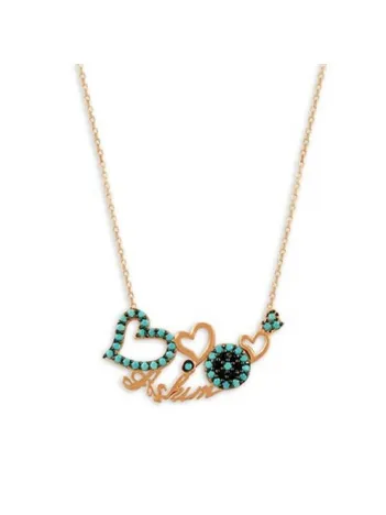 Aşkıma Nazar Değmesin Kalpli Turkuaz Taşlı Bayan Gümüş Kolye