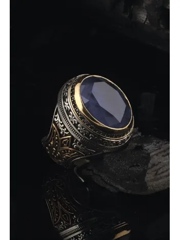 Mavi Zirkon Taşlı Yanları Motifli Erkek 925 Ayar Gümüş Yüzük GYZMAVIZIRC-GMS