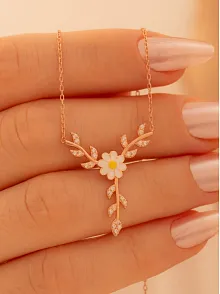 Kadın Gümüş Kolye - Sevgililer Günü - Hediye - Zirkon Taşlı Yaprak Model Papatya Kadın Kolye