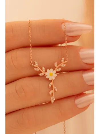 Kadın Gümüş Kolye - Sevgililer Günü - Hediye - Zirkon Taşlı Yaprak Model Papatya Kadın Kolye